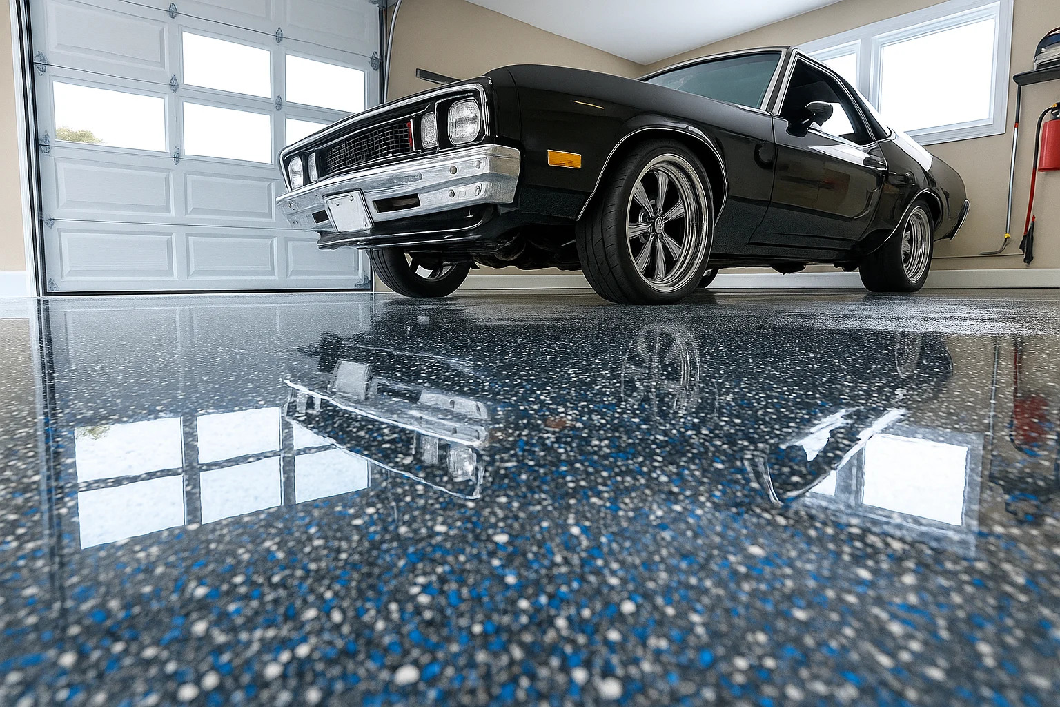 Classic muscle car on reflective blue and gray flake epoxy garage floor