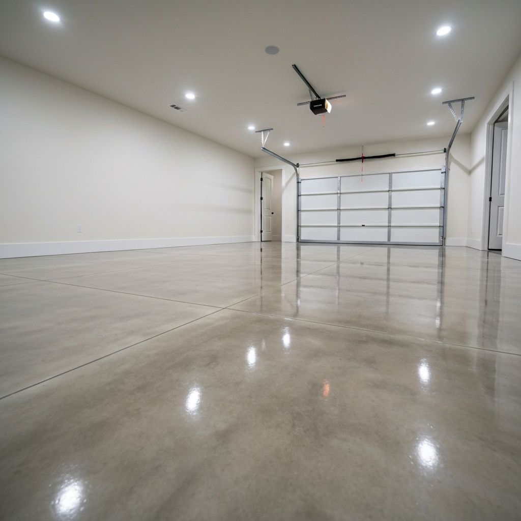Clean two-car garage with polished concrete flooring
