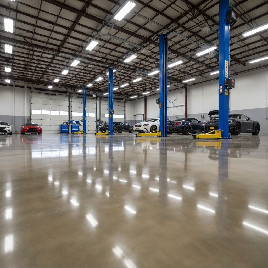 Large workshop with high-gloss polished concrete floor and car lifts