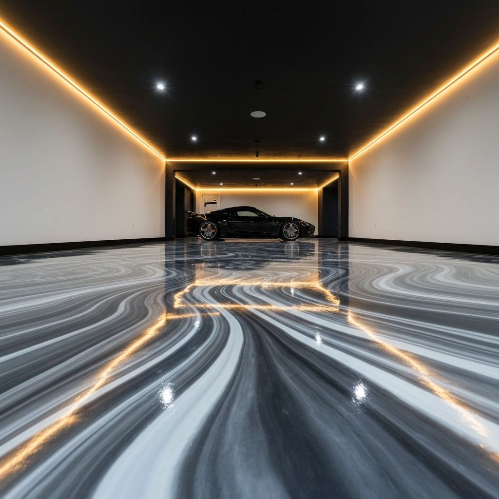Luxury garage with black sports car on silver swirl metallic epoxy floor