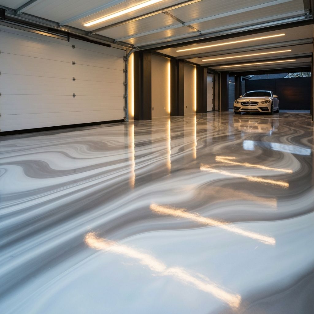 Modern garage with dramatic silver wave metallic epoxy floor and ambient lighting
